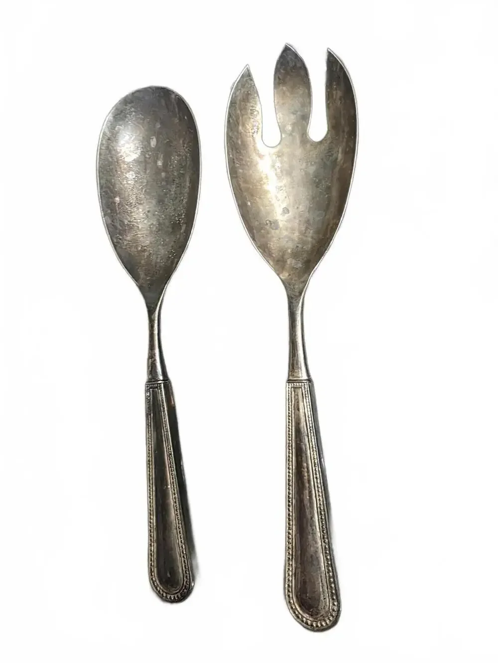 Vintage Godinger Silver Plated Salad Serving Set Spoon Fork Beaded Flutes Pearls